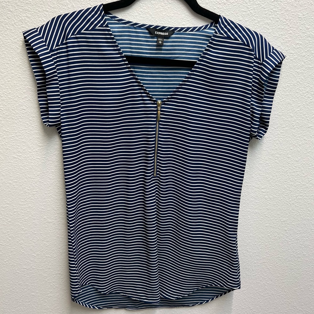 Express Blue and White Striped V-neck Zip Up Gramercy Top - XS